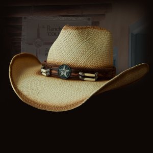 画像: ハンドウーブン パナマ スターロングホーンコンチョ レザーバンド ストローハット（ナチュラル）/Western Straw Hat
