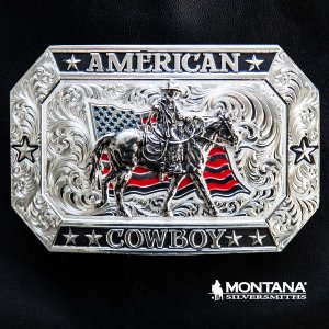 画像: モンタナシルバースミス アメリカン カウボーイ フラッグ・ホースライディング ベルト バックル/Montana Silversmiths American Cowboy Flag Belt Buckle