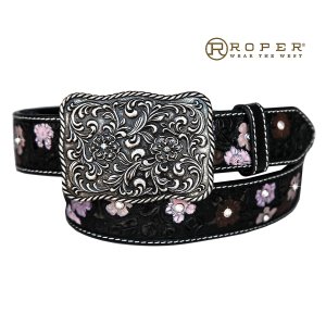 画像: ローパー フラワー・ラインストーン ウエスタン レザー ベルト（ブラック）/Roper Western Leather Belt(Black)