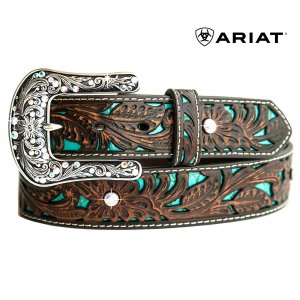 画像: アリアット クラフト・ラインストーン レザーベルト（ブラウン・ターコイズ）M/Ariat Western Leather Belt(Brown/Turquoise)