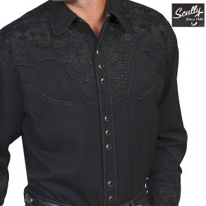 画像: スカリー ブラック&ブラック刺繍 ウエスタン シャツ（長袖/ブラック）/Scully Long Sleeve Embroidered Western Shirt(Men's)