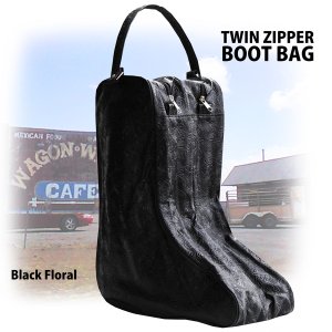 画像: ウエスタンブーツ ブーツバッグ 持ち運び・キャリーバッグ ブーツ保管用バッグ ツインジッパー・ハンドストラップつき（フローラル・ブラック）/Hand Strap Twin Zipper Boot Bag(Black/Floral)
