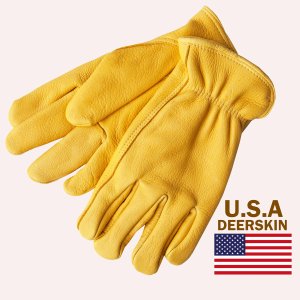 画像: 鹿皮 手袋 アメリカン ディアーレザー グローブ パインイエロー（フリースライニング付）/Genuine American Deer Leather Gloves