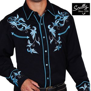 画像: スカリー 刺繍 ウエスタン シャツ（長袖/ブラック・ブルーフローラル）/Scully Long Sleeve Embroidered Western Shirt(Men's)