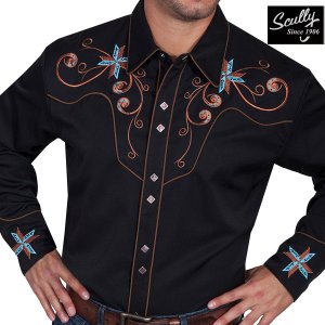 画像: スカリー スクロール&クロス刺繍 ウエスタンシャツ（長袖/ブラック）/Scully Long Sleeve Embroidered Western Shirt(Men's)