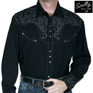 画像: スカリー ウエスタン 刺繍 シャツ（長袖/ブラック・スクロールチャコール）大きいサイズ L（身幅約63cm）/Scully Long Sleeve Embroidered Scroll Western Shirt(Men's)