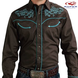 画像: ローパー 刺繍 ウエスタン シャツ（長袖/ブラウン・ターコイズ）大きいサイズ L（身幅約60cm）/Roper Long Sleeve Embroidered Western Shirt(Brown/Turquoise)
