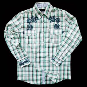画像: ウエスタン 刺繍 シャツ（長袖/ホワイト・グラス）大きいサイズ L（身幅約62cm）/Long Sleeve Embroidered Western Shirt(White/Grass Plaid)