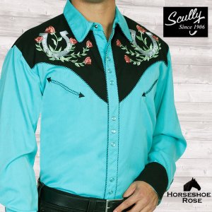 画像: スカリー ウエスタン 刺繍 シャツ ホースシュー・ローズ（長袖/ターコイズ・ブラック）/Scully Long Sleeve Horseshoe Rose Embroidered Western Shirt Turquoise Black(Men's)