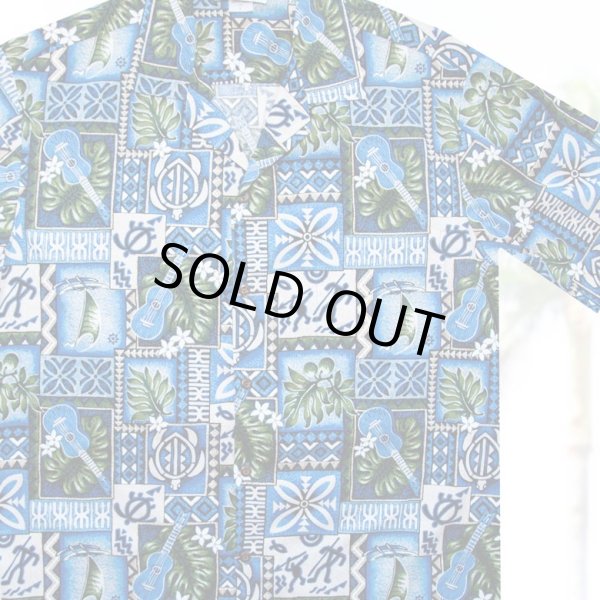 画像1: アロハシャツ ハワイアンシャツ ウクレレ・リーフ（ブルー）L/Aloha Shirt Ukulele(Blue)