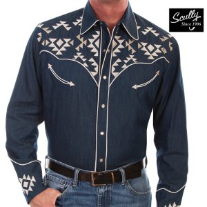 画像: スカリー アズテック刺繍 ウエスタン シャツ(長袖/デニム)/Scully Long Sleeve Embroidered Western Shirt(Men's)