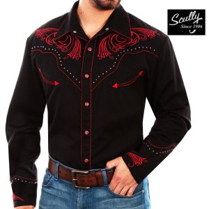 画像: スカリー レッドスクロール刺繍・メタルスタッズ・キャンディケイン ウエスタン シャツ（長袖/ブラック・レッド）/Scully Long Sleeve Embroidered Western Shirt(Men's)