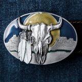画像: バッファロースカル&フェザー ネイティブ サウスウエスト ベルト バックル/Buffalo Skull&Feathers Belt Buckle