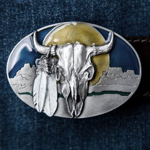 画像: バッファロースカル&フェザー ネイティブ サウスウエスト ベルト バックル/Buffalo Skull&Feathers Belt Buckle