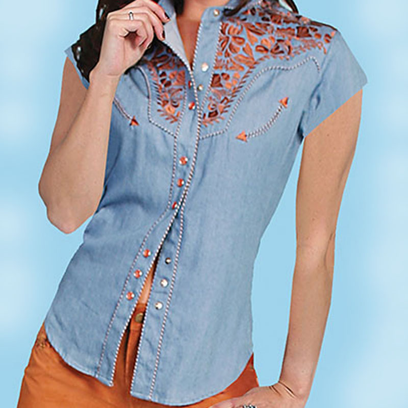 画像1: スカリー ウエスタン 刺繍 シャツ（キャップスリーブ/ライトブルー）/Scully Western Shirt(Women's)