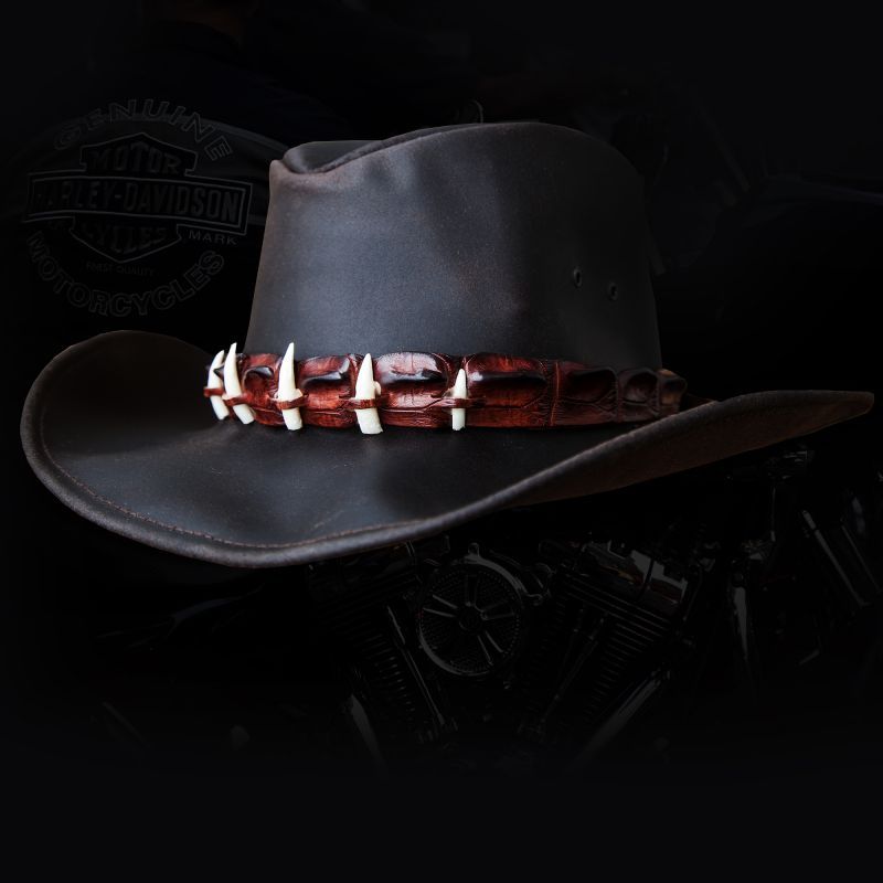 画像: クロコダイルレザー＆ティース オイルレザーハット（ダークブラウン）/Crocodile Hatband Oiled Leather Hat(Dark Brown)