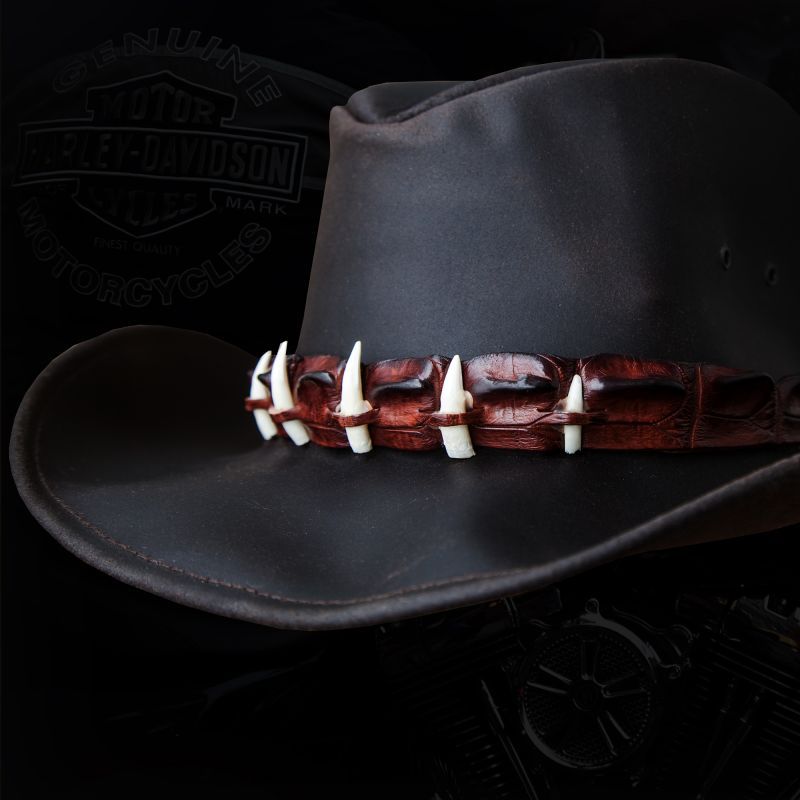 画像1: クロコダイルレザー＆ティース オイルレザーハット（ダークブラウン）/Crocodile Hatband Oiled Leather Hat(Dark Brown)