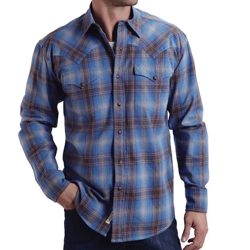 画像1: ステットソン フランネル ウエスタンシャツ（ブルー・ブラウン/長袖）S/Stetson Flannel Long Sleeve Western Shirt