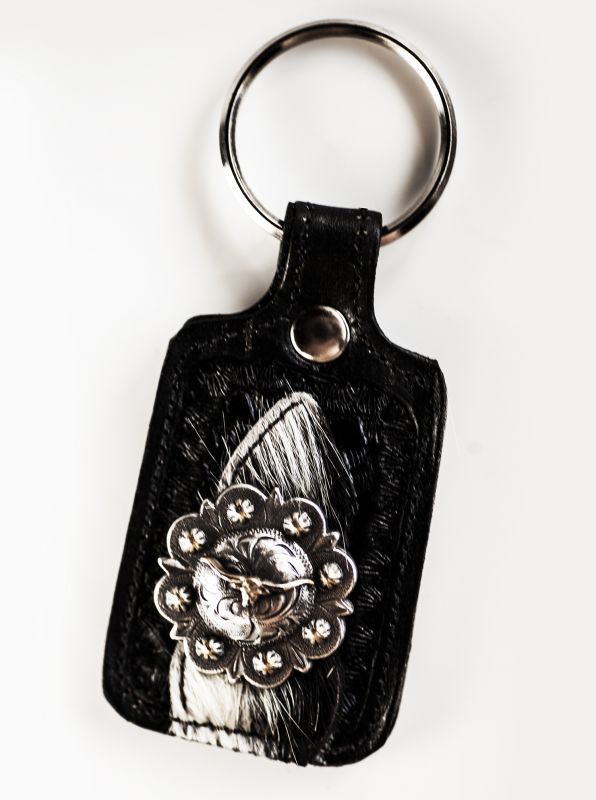 画像: ロングホーン ウエスタンコンチョ レザー・カウヘアー キーホルダー（スクエア・ブラック）/Longhorn Western Concho Leather&Hair Calf Key Fob(Square・Black)