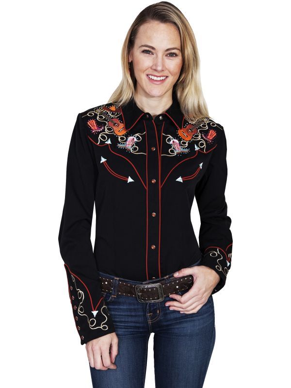 画像: スカリー 刺繍 ラインスト－ン ウエスタン シャツ（長袖/ブラック ブーツ・ギター・ハット）XS・S/Scully Long Sleeve Western Shirt(Women's)