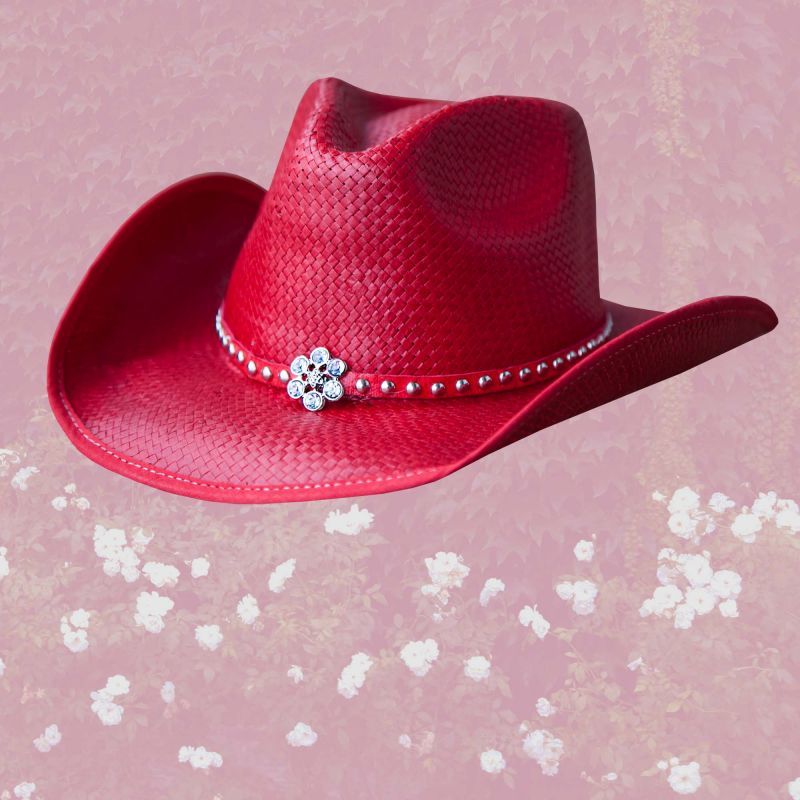 画像: ラインストーンフラワー＆スタッズ ウエスタン ストロー ハット（レッド）/Western Straw Hat(Red)