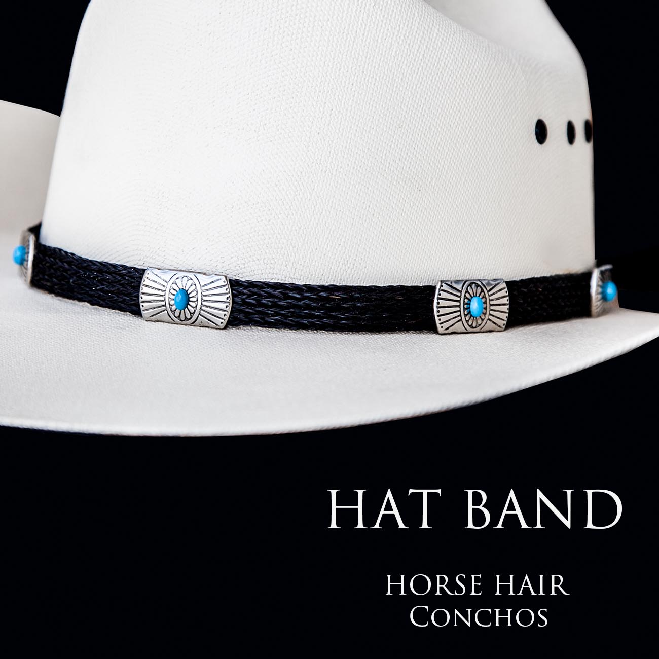 画像1: ブラックホースヘアー&5シルバー・ターコイズコンチョ ハット バンド/Horse Hair w/Conchos Hat Band(Black)
