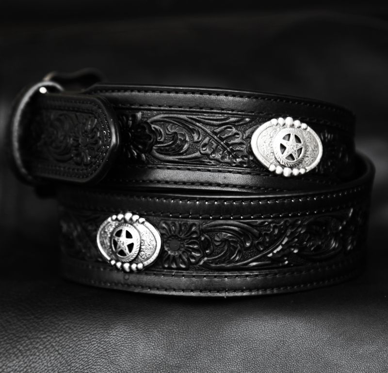 画像: スターコンチョ&フラワー レザーベルト（ブラック）34/Western Floral Embossed Leather Belt(Black)