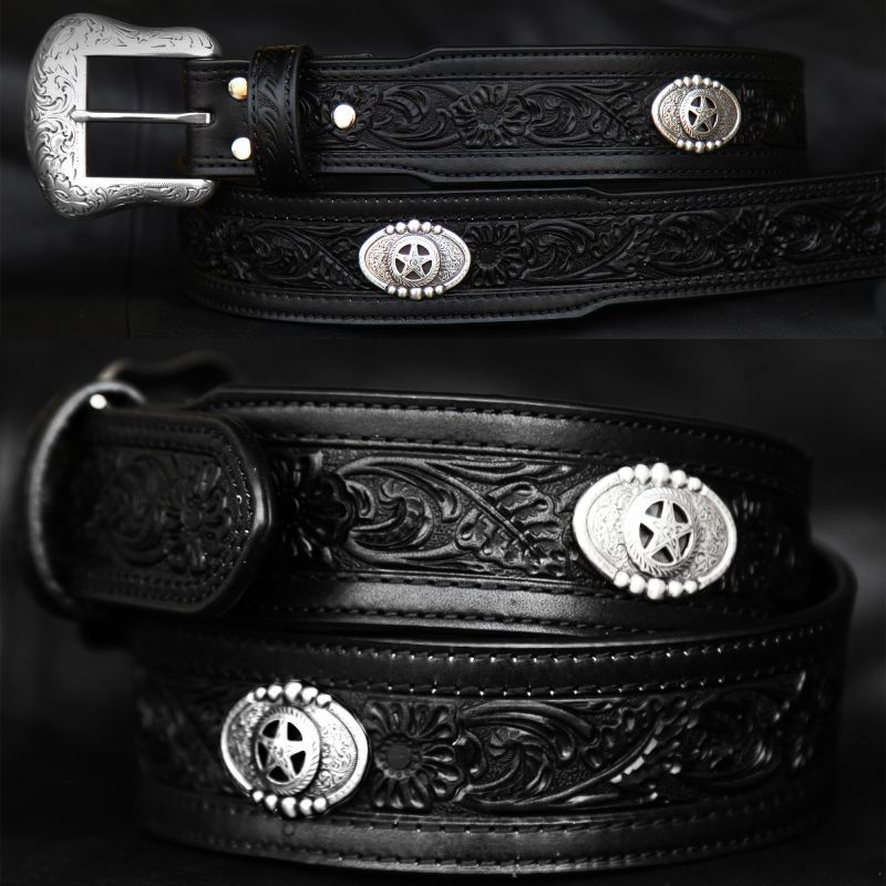 画像1: スターコンチョ&フラワー レザーベルト（ブラック）34/Western Floral Embossed Leather Belt(Black)