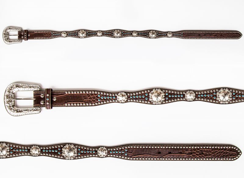 画像3: ノコナ ラインストーン・スタッズ クロコダイルデザイン スカロップ ベルト（ブラウン・ターコイズ）/Nocona Western Belt(Brown)