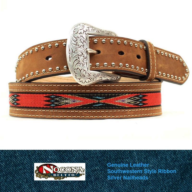画像: ノコナ サウスウエストテープ&スタッズ ウエスタン レザーベルト(ブラウン・レッド)/Nocona Western Leather Belt(Brown/Red)