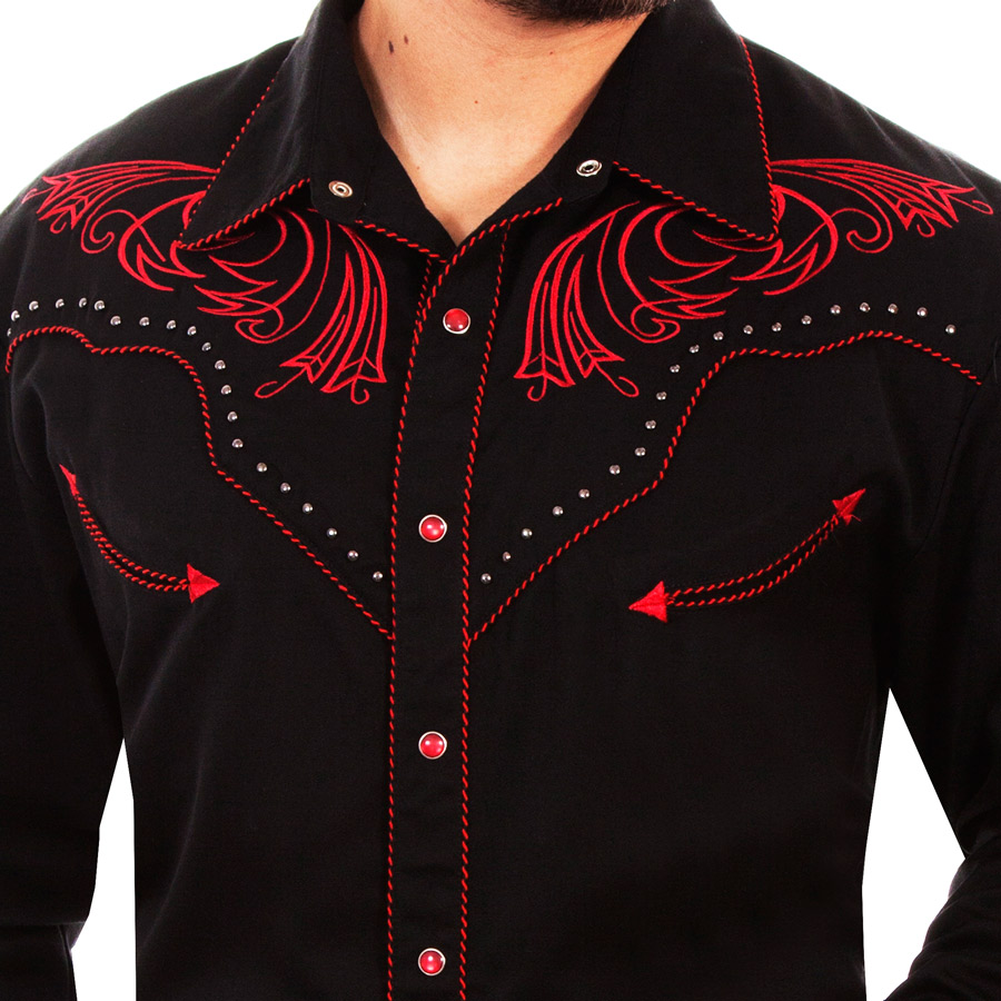 画像: スカリー レッドスクロール刺繍・メタルスタッズ・キャンディケイン ウエスタン シャツ（長袖/ブラック・レッド）/Scully Long Sleeve Embroidered Western Shirt(Men's)
