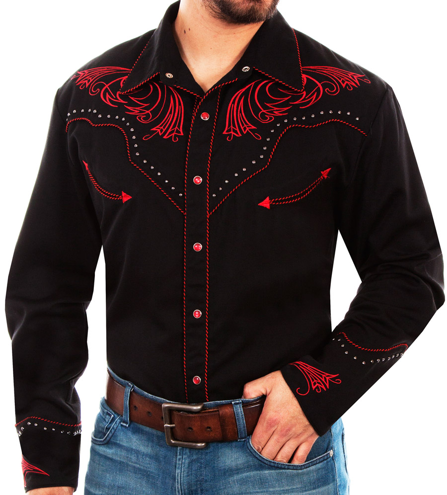 画像: スカリー レッドスクロール刺繍・メタルスタッズ・キャンディケイン ウエスタン シャツ（長袖/ブラック・レッド）/Scully Long Sleeve Embroidered Western Shirt(Men's)