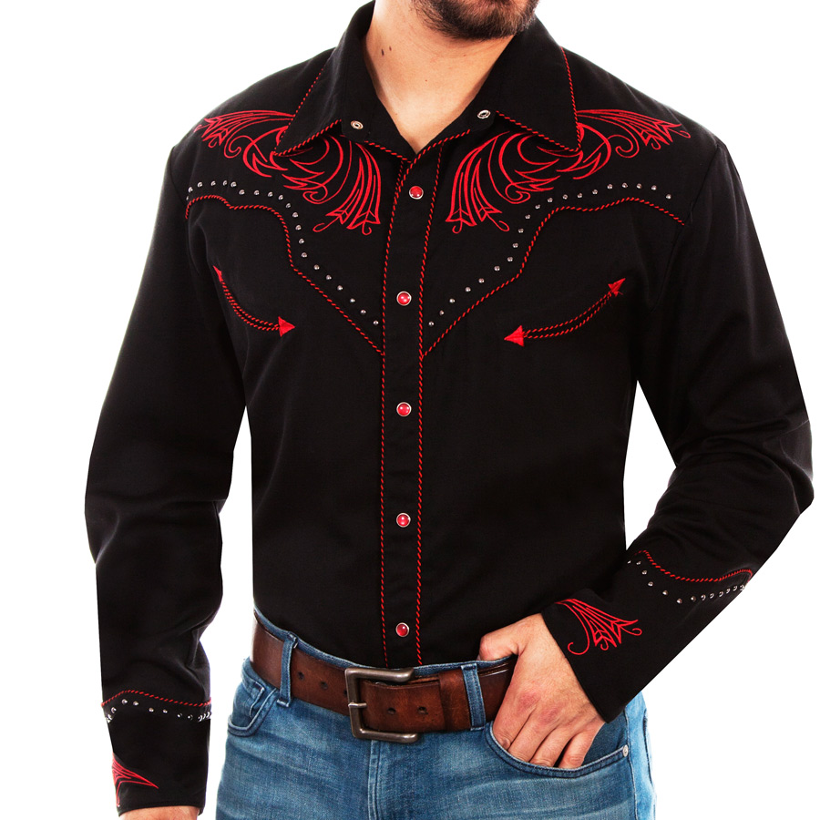 画像1: スカリー レッドスクロール刺繍・メタルスタッズ・キャンディケイン ウエスタン シャツ（長袖/ブラック・レッド）/Scully Long Sleeve Embroidered Western Shirt(Men's)