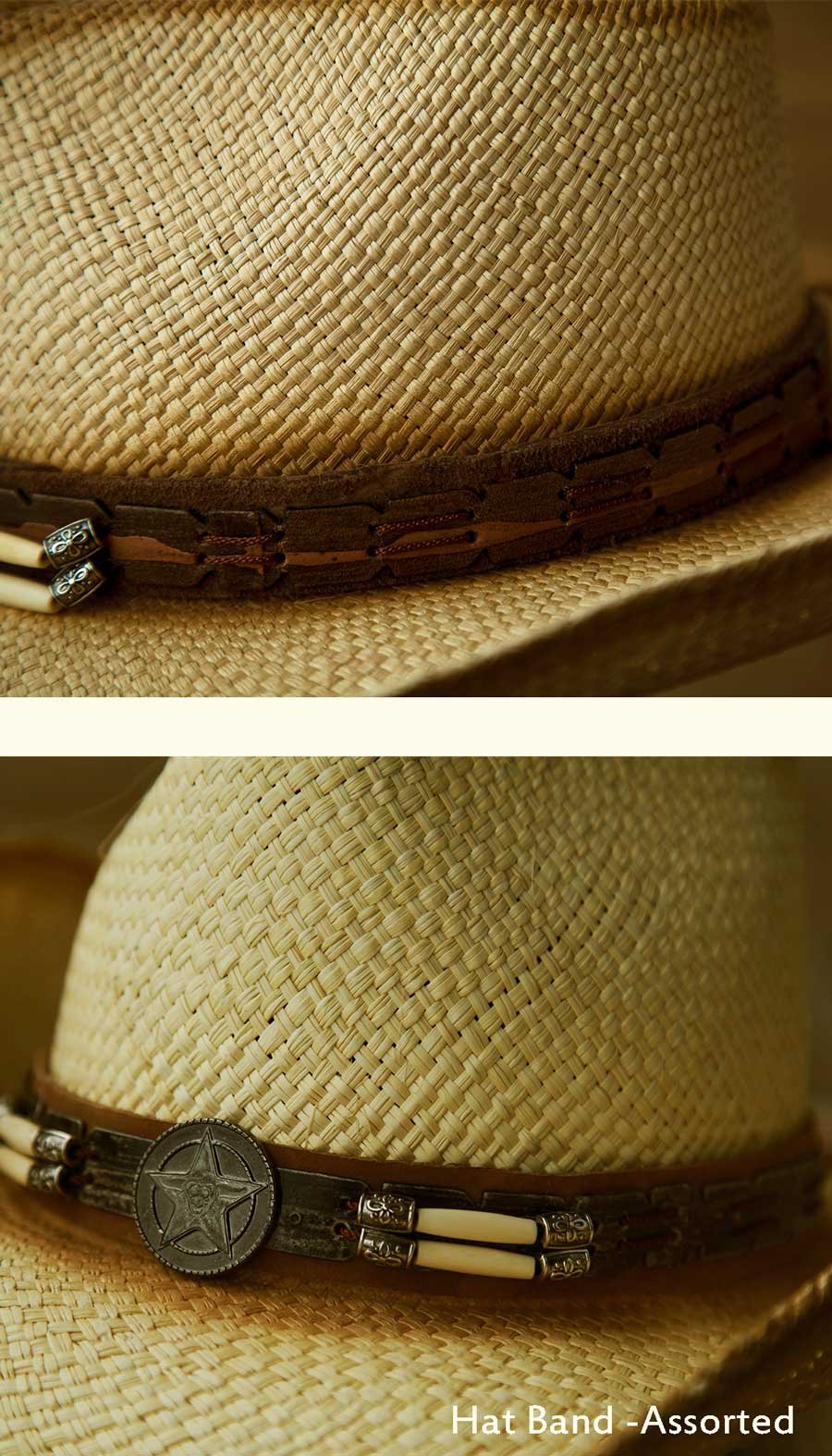 画像: ハンドウーブン パナマ スターロングホーンコンチョ レザーバンド ストローハット（ナチュラル）/Western Straw Hat