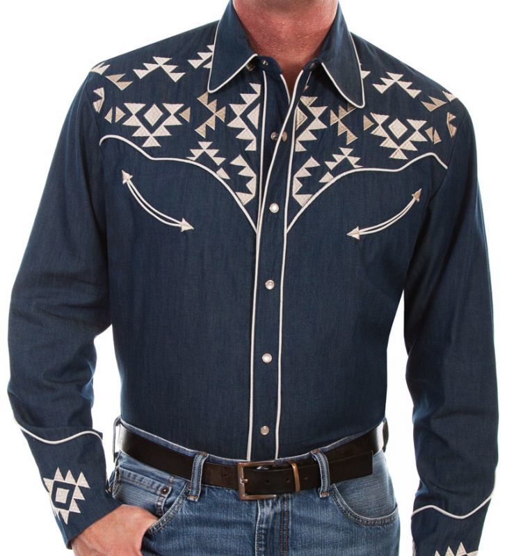 画像: スカリー アズテック刺繍 ウエスタン シャツ（長袖/デニム）/Scully Long Sleeve Embroidered Western Shirt(Men's)