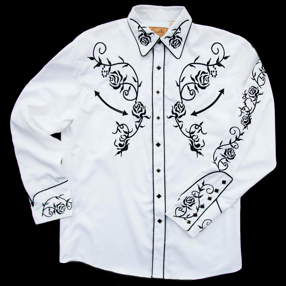 画像1: スカリー ウエスタン 刺繍 シャツ（長袖/ホワイト・ブラック）/Scully Long Sleeve Embroidered Western Shirt
