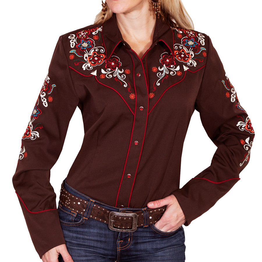 スカリー フローラル刺繍 ウエスタン シャツ（長袖/チョコレート）M/Scully Long Sleeve Western Shirt(Women's)