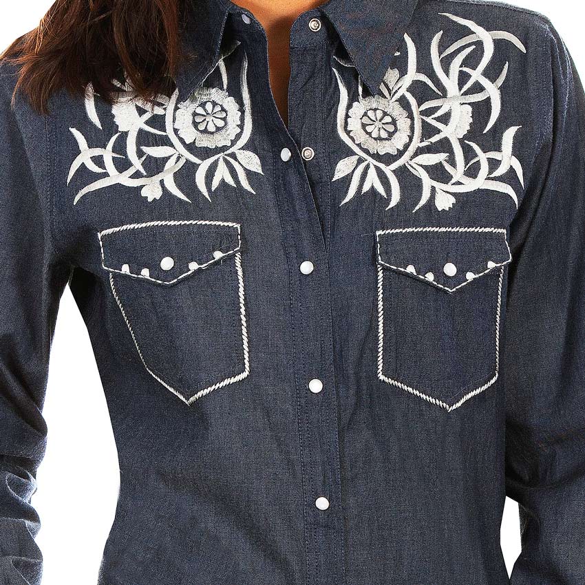 画像: スカリー ホワイト刺繍 ウエスタン シャツ（長袖/デニム）S/Scully Long Sleeve Western Shirt(Women's)