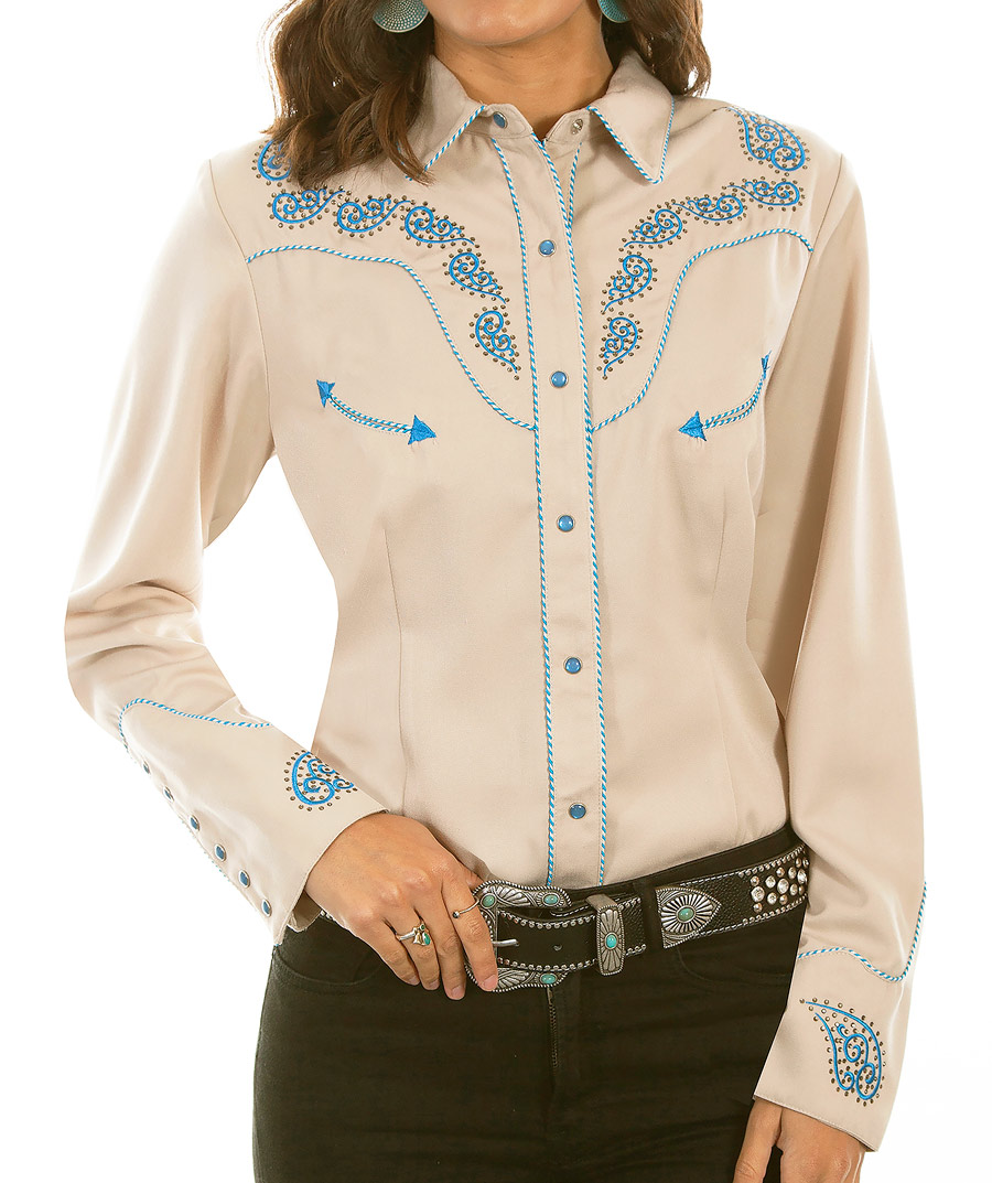 画像: スカリー ブルースクロール刺繍 ラインストーン ウエスタン シャツ（長袖/タン）M/Scully Long Sleeve Western Shirt(Women's)