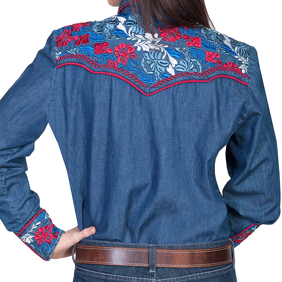 画像: スカリー 刺繍 ウエスタン シャツ（長袖/デニム・フローラルマルチカラー）/Scully Long Sleeve Western Shirt(Women's)