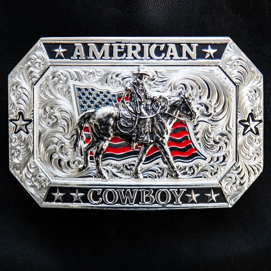 画像: モンタナシルバースミス アメリカン カウボーイ フラッグ・ホースライディング ベルト バックル/Montana Silversmiths American Cowboy Flag Belt Buckle