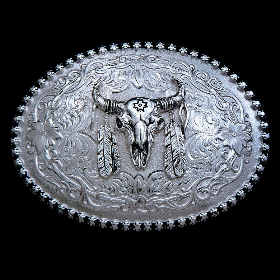 画像: モンタナシルバースミス ベルト バックル バッファロースカル＆フェザー フローラル/Montana Silversmiths Belt Buckle Froral w/Buffalo Skull