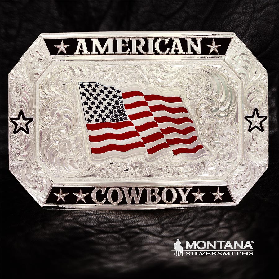 画像1: モンタナシルバースミス アメリカン カウボーイ フラッグ ベルト バックル/Montana Silversmiths American Cowboy Flag Belt Buckle