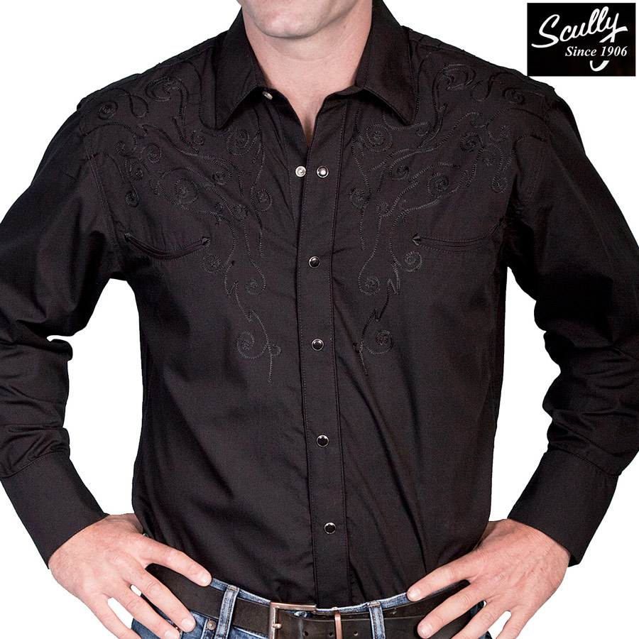 画像1: スカリー スナップフロント 刺繍 ウエスタン シャツ（長袖/ブラック・フロント&バック刺繍）/Scully Long Sleeve Embroidered Snap Front Shirt(Men's)