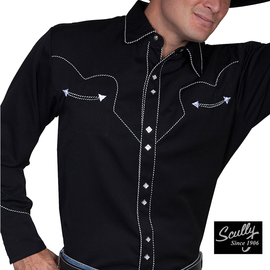 画像1: スカリー ウエスタン シャツ（長袖/ブラック・ホワイトキャンディケインパイピング）/Scully Long Sleeve Western Shirt(Men's)