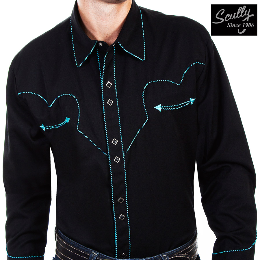 画像1: スカリー ウエスタン シャツ（長袖/ブラック・ターコイズキャンディケインパイピング）/Scully Long Sleeve Western Shirt(Men's)