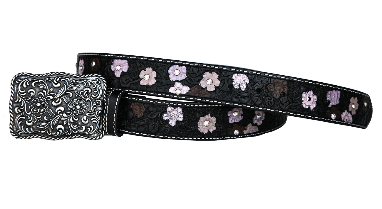 画像: ローパー フラワー・ラインストーン ウエスタン レザー ベルト（ブラック）/Roper Western Leather Belt(Black)