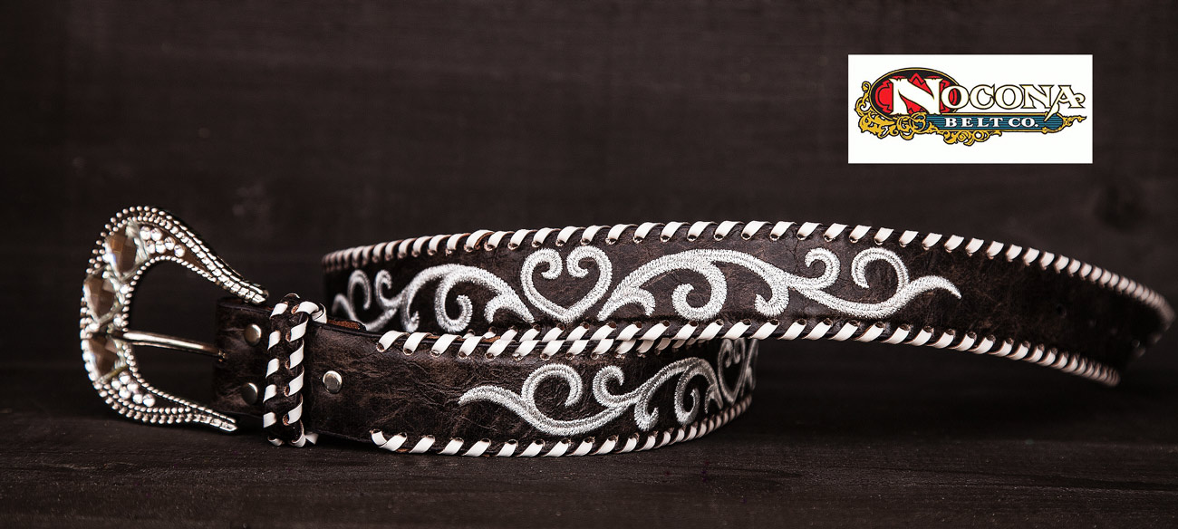 画像: ノコナ ラインストーンバックル・ウィップステッチ&刺繍 ウエスタン ベルト（ブラウン・シルバー）/Nocona Whip-Stiched Embroidered Belt