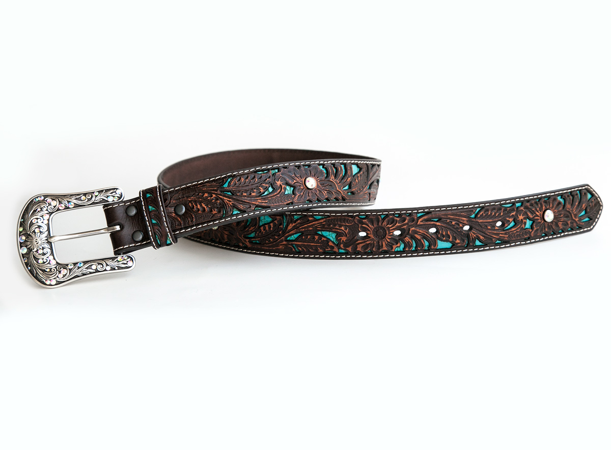 画像: アリアット クラフト・ラインストーン レザーベルト（ブラウン・ターコイズ）M/Ariat Western Leather Belt(Brown/Turquoise)