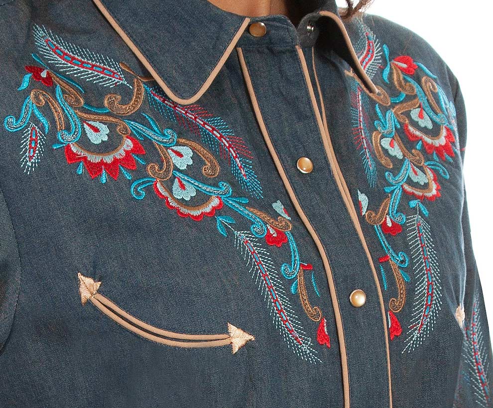 画像: スカリー 刺繍 ウエスタン シャツ（長袖/デニム・フェザー&フラワー）/Scully Long Sleeve Western Shirt(Women's)